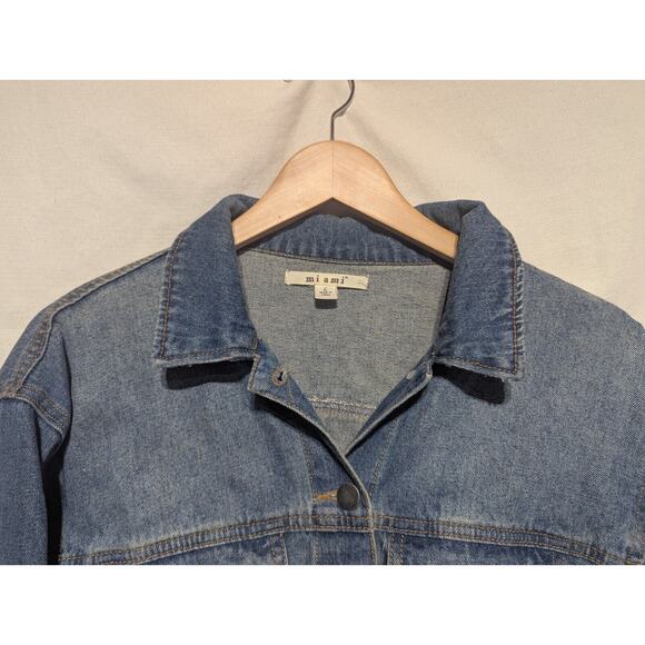 Francesca's Mi ami Womens Cropped Blue Denim Jean Jacket L Distressed Country - Picture 2 of 4